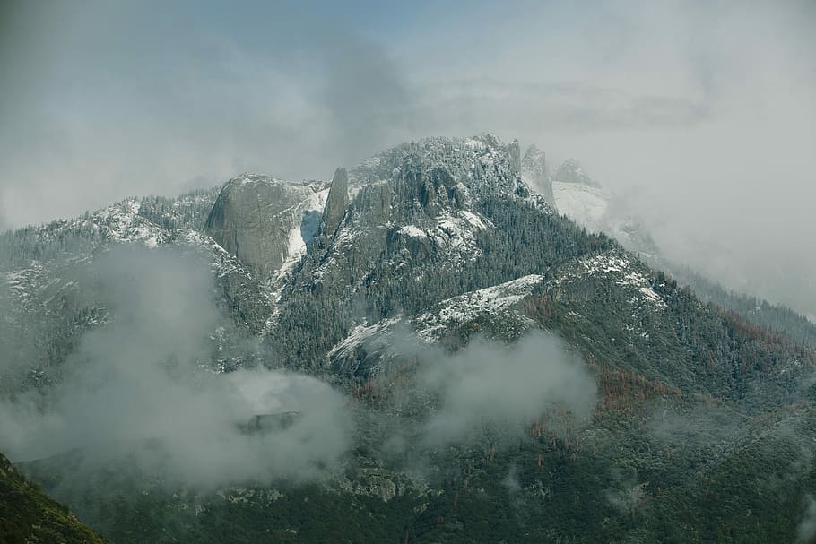 high mountain covered with trees, snow-covered mountains, cloud HD wallpaper