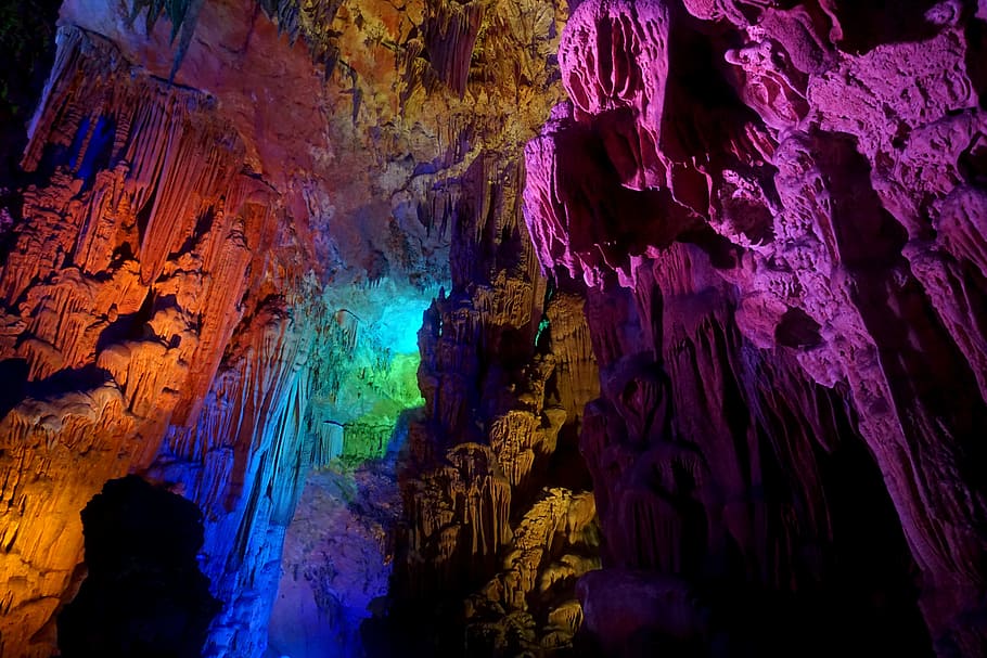 reed flute cave, guilin, stalactite, stalagmite, rock formation, HD wallpaper