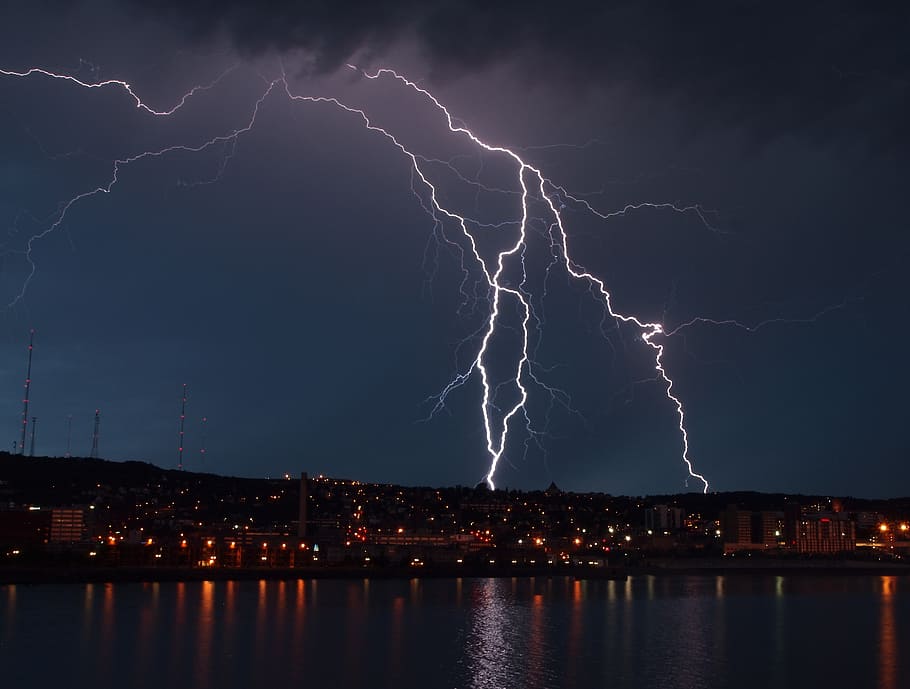 buildings under lightning, storm, clouds, city, night, electricity HD wallpaper