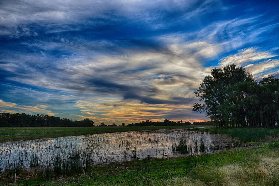 landscape, clouds, sky, blue, nature, sunset, reflection, water HD wallpaper