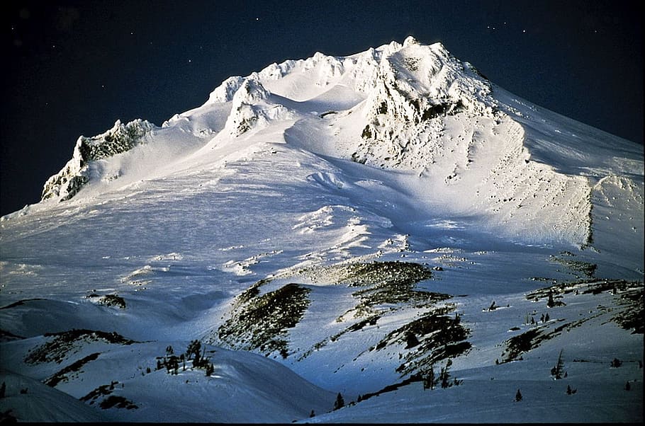 ice-covered mountain, mount hood, night, mountains, stratovolcano, HD wallpaper