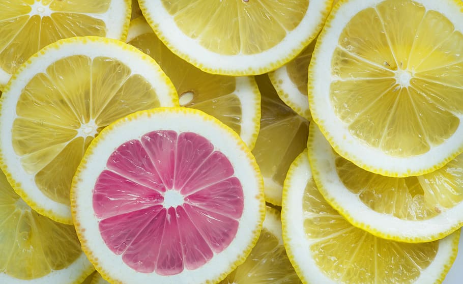 sliced lemons, fruit, yellow, pink, unique, tropical, food, layer