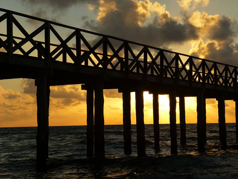sunset, beach, sky, sea, cloud - sky, water, built structure HD wallpaper