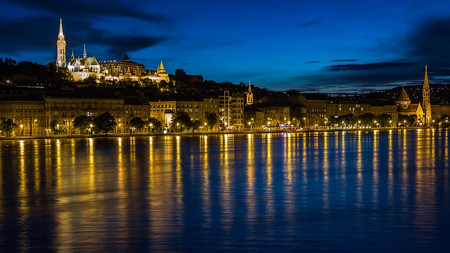 photography of city light reflecting on body of water, budapest HD wallpaper