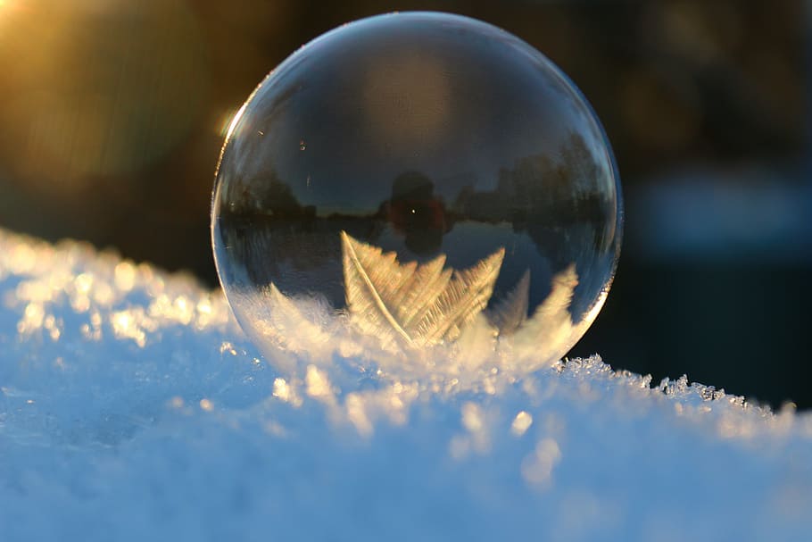 macro photography of bubble, soap bubble, crystals, winter, snow