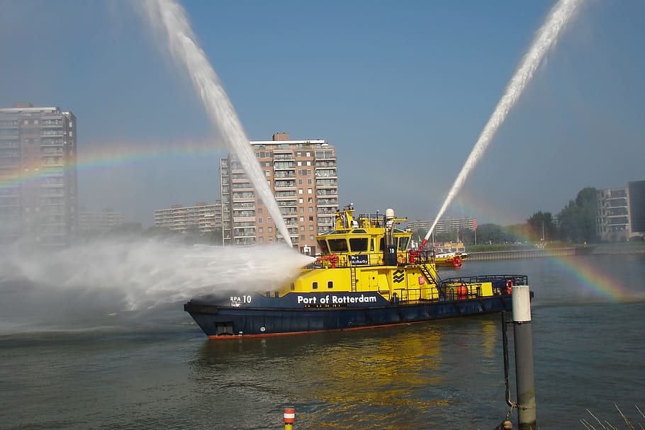 rotterdam, port, fireboat, water, shipping, waterway, motion, HD wallpaper