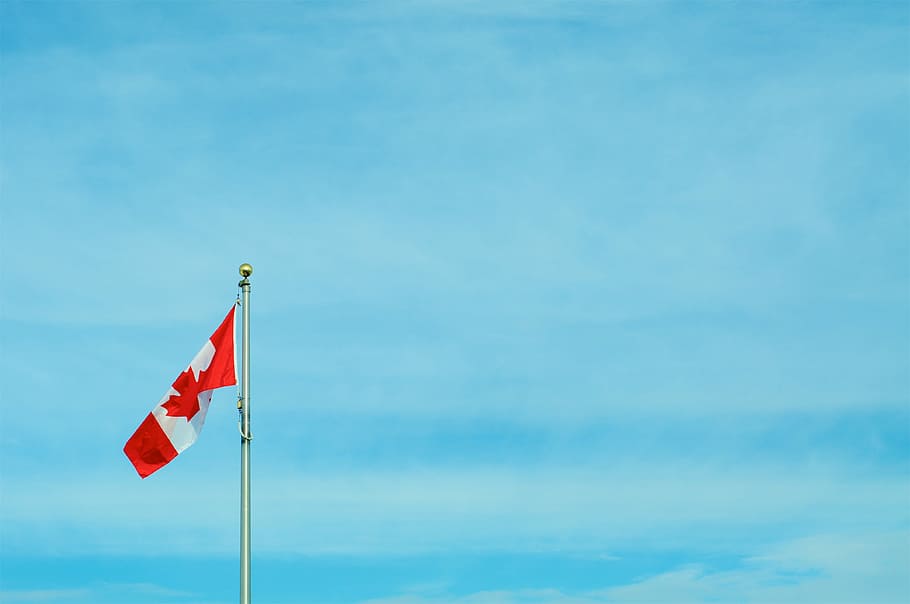 Canada flag under blue sky, flagpole, patriotism, nature, red HD wallpaper