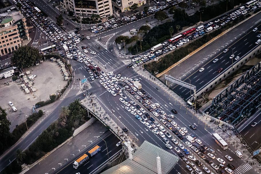 aerial photography of cross streets, aerial photography of buildings, road, and cars HD wallpaper