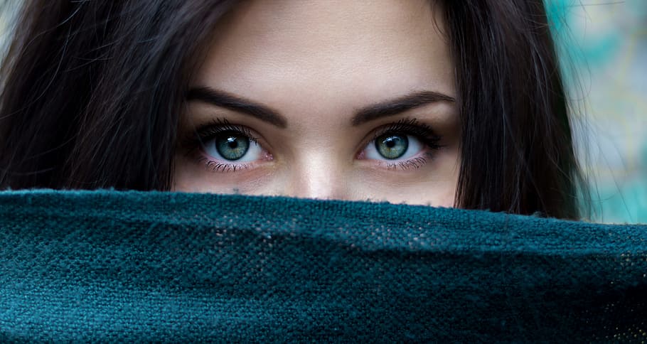 woman peeking behind blue textile, eye, brunette, person, girl