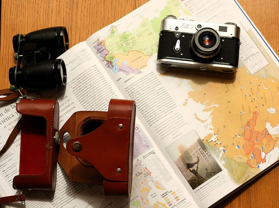 black and gray camera on white book, old, travel, map, atlas HD wallpaper