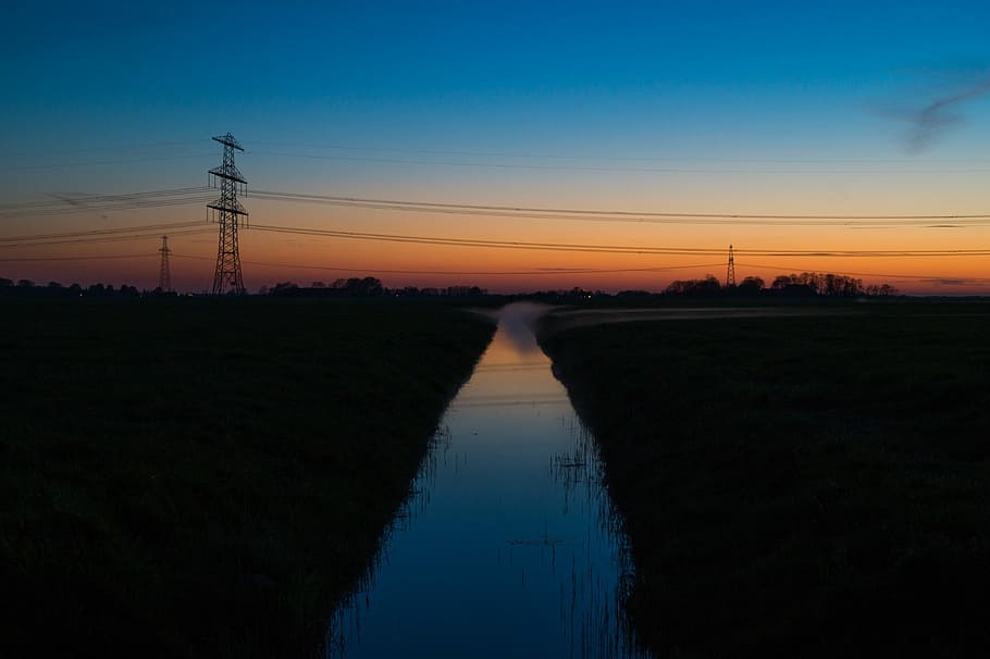 stream, nightfall, evening, twilight, electric pole, electricity HD wallpaper