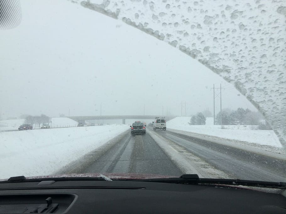 cars on road during snow, winter, driving, windshield, travel HD wallpaper