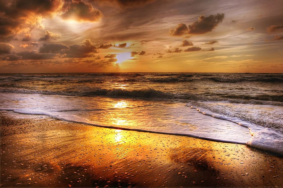 seashore high-saturated photorgraphy, sunset, beach, abendstimmung, HD wallpaper