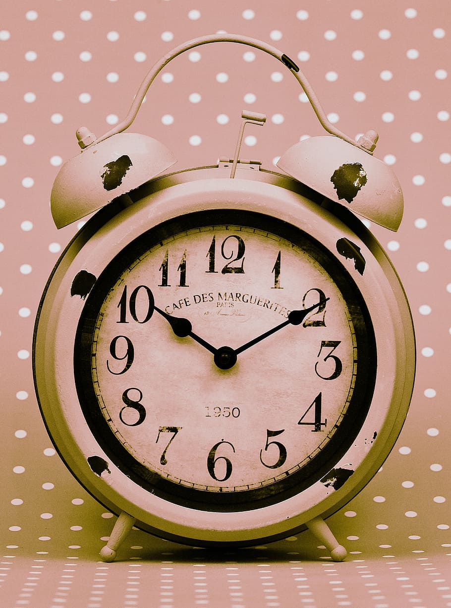 pink analog alarm clock at 10:10 display, antique, old, time of HD wallpaper