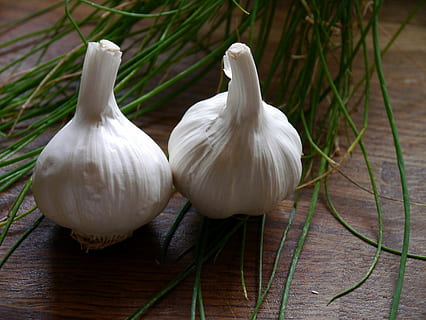 two white onions on brown surface, garlic, spice, raw, aromatic HD wallpaper