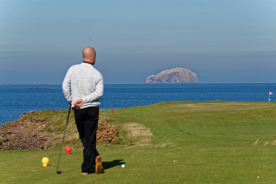 man standing on golf flied, Golf Club, Hole, golfer, golf hole, HD wallpaper