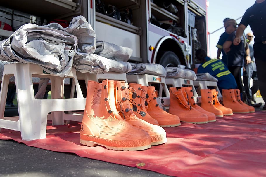 pairs of orange boots in front of stools, firefighters, equipment, HD wallpaper