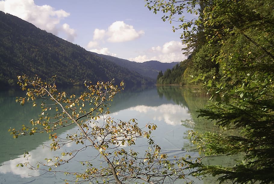 lake, mountain, nature, clouds, reflection, blue, river, landscape HD wallpaper