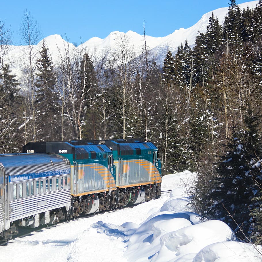 train, tracks, winter, snow, trees, evergreens, hills, railway HD wallpaper
