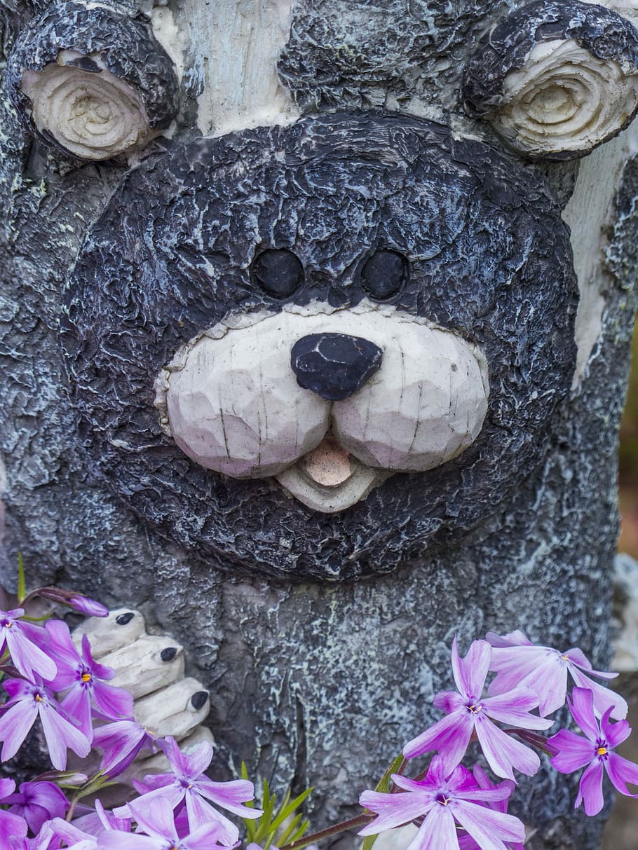 Bear, Face, Garden, Decoration, Flowers, summer, blooming, natural HD wallpaper