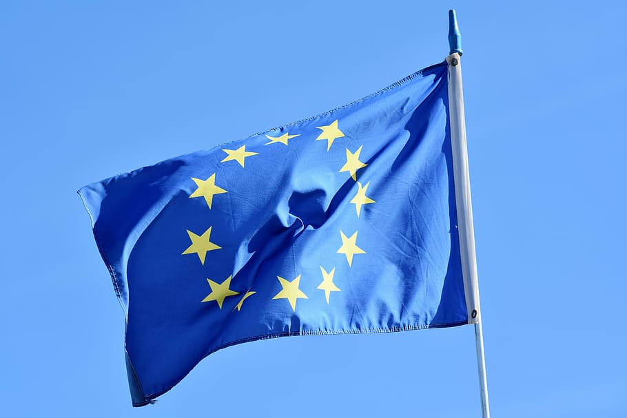 blue and yellow star print flag waving, europe, europe flag, eu flag