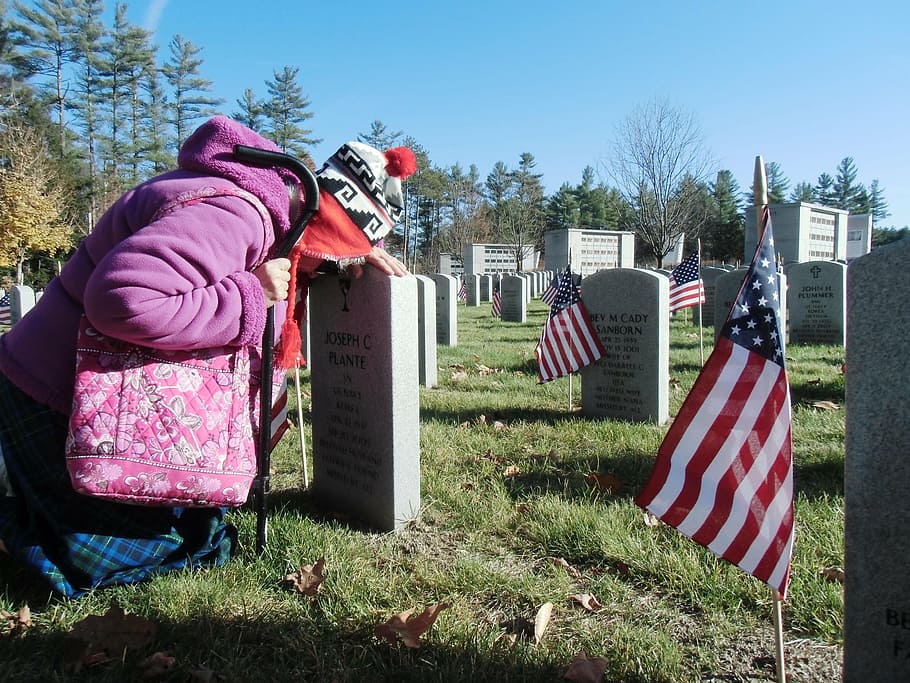 person leading head against tombstone, cemetery, veteran, widow, HD wallpaper