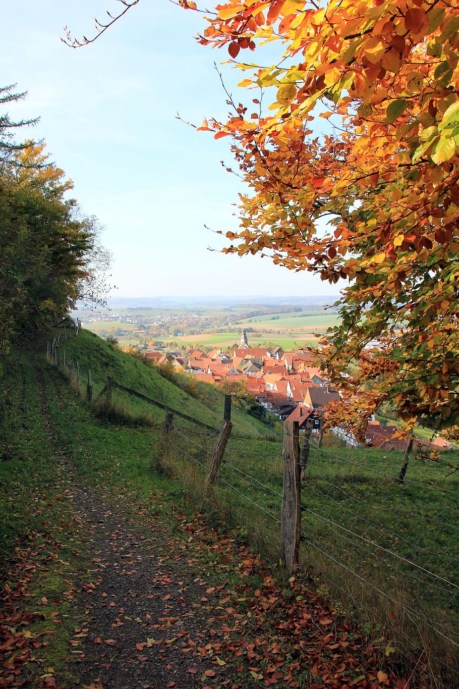 away, fence, landscape, teutoburg forest, village, view, leaves, HD wallpaper