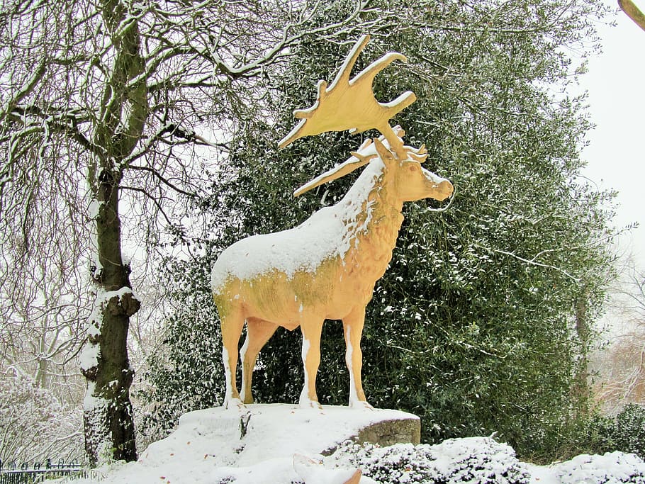 stag, snow, winter, statue, deer, reindeer, crystal palace HD wallpaper