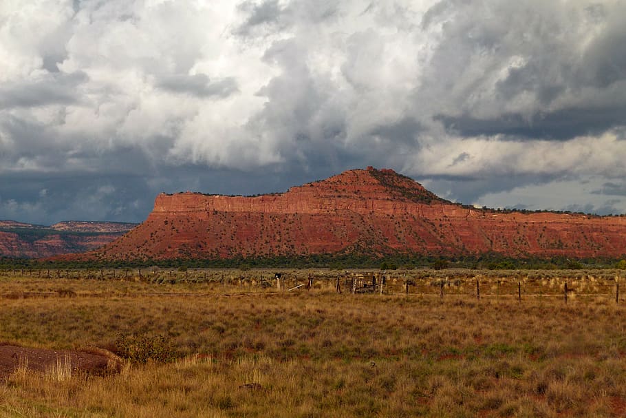 thunderstorm, sky, clouds, towering cumulus, red, rock, hill HD wallpaper
