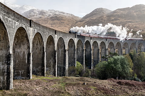 Train With Smoke, ancient, arch, arch bridge, architecture, building HD wallpaper