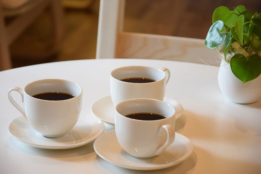 three white teacups with black liquid, coffee, herb, relax HD wallpaper