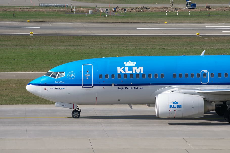 blue and white airline on airport, aircraft, klm, boeing 737
