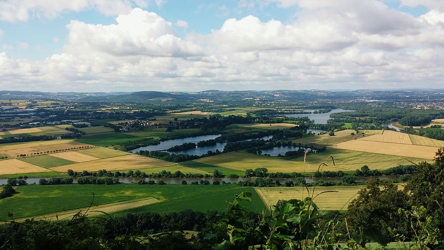 clouds, landscape, reported, fields, lake, horizon, distant HD wallpaper