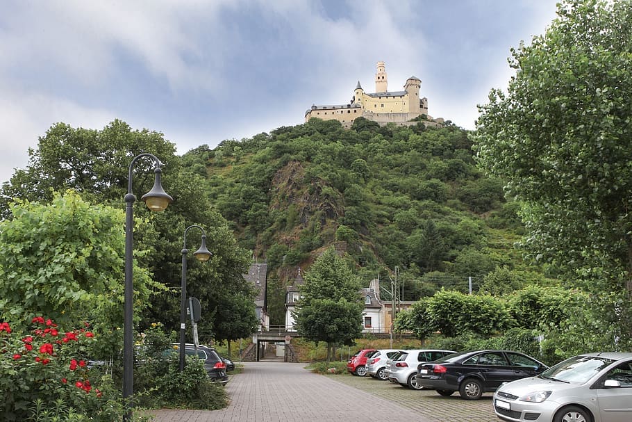 mountain, castle, auto, parking, tree, flower, lantern, plant HD wallpaper
