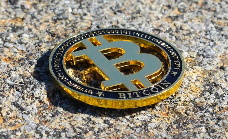 gold Bitcoin on gray concrete floor, currency, cryptocurrency, HD wallpaper