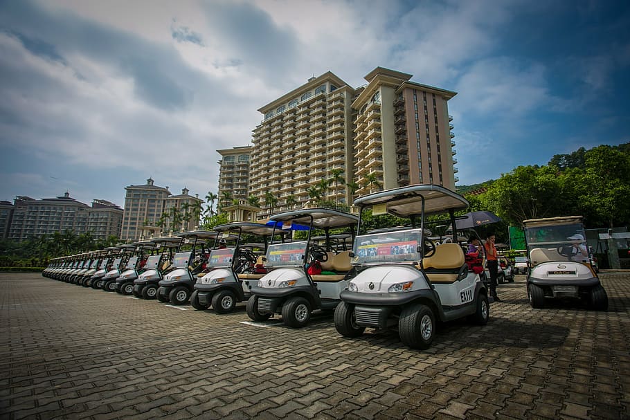 golf cart, buggy, square, parking lot, architecture, city, building exterior, HD wallpaper