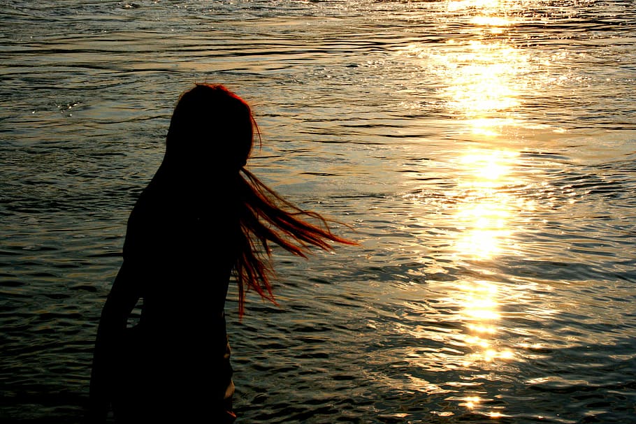 girl, shadow, sunset, long hair, wind, reflection, water, one person HD wallpaper