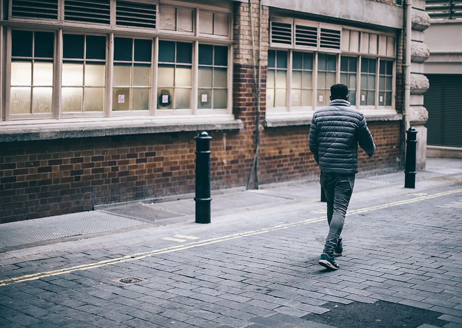 man walking on road, wearing, gray, bubble, jacket, people, male, HD wallpaper