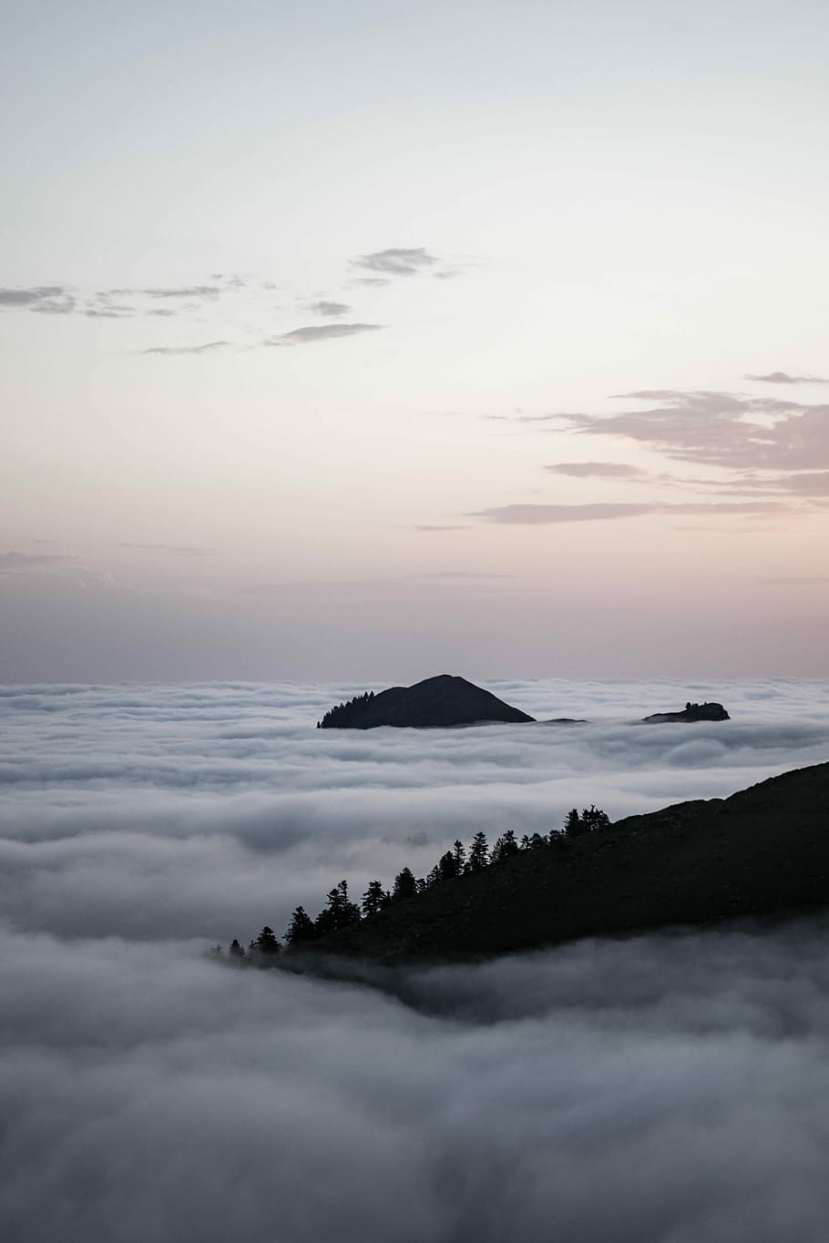 mountain above clouds at daytime, silhouette of mountain covered by white clouds HD wallpaper