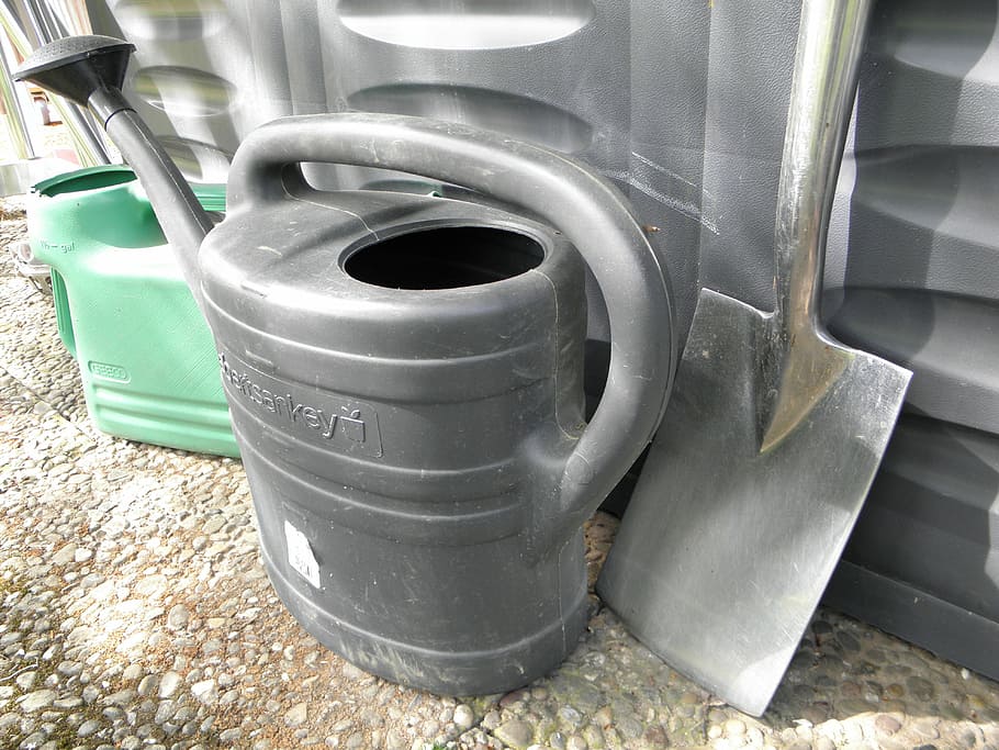 watering can, casting, plastic, irrigation, grey, blade, garden shovel HD wallpaper