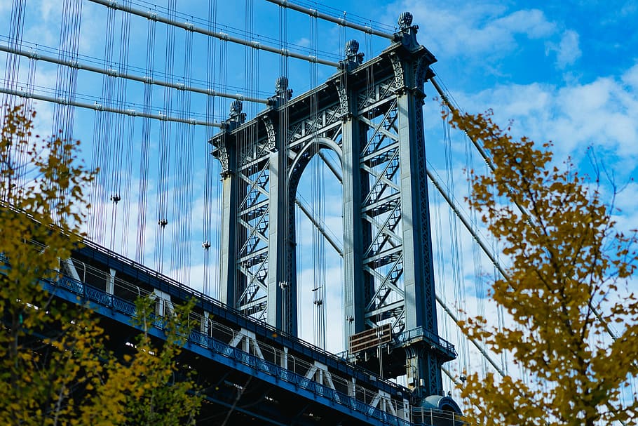 low-angle photo of gray bridge during daytime, gray and blue steel bridge near trees HD wallpaper