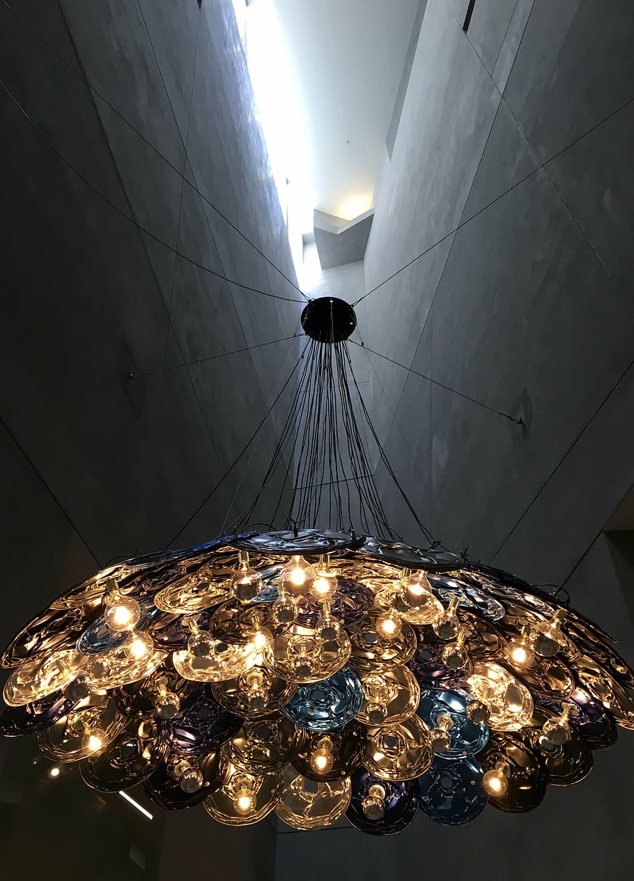 black and yellow chandelier between two walls, orange, blue HD wallpaper
