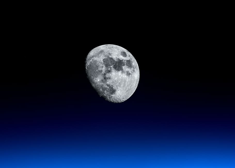 waning moon with black background, moon, space, crater, blue HD wallpaper