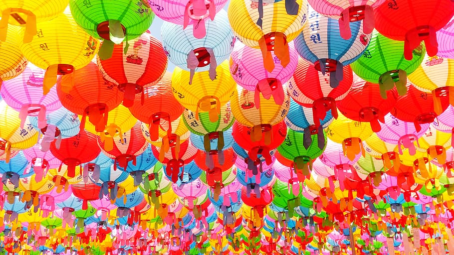 art, color, lantern, multi colored, decoration, hanging, large group of objects HD wallpaper