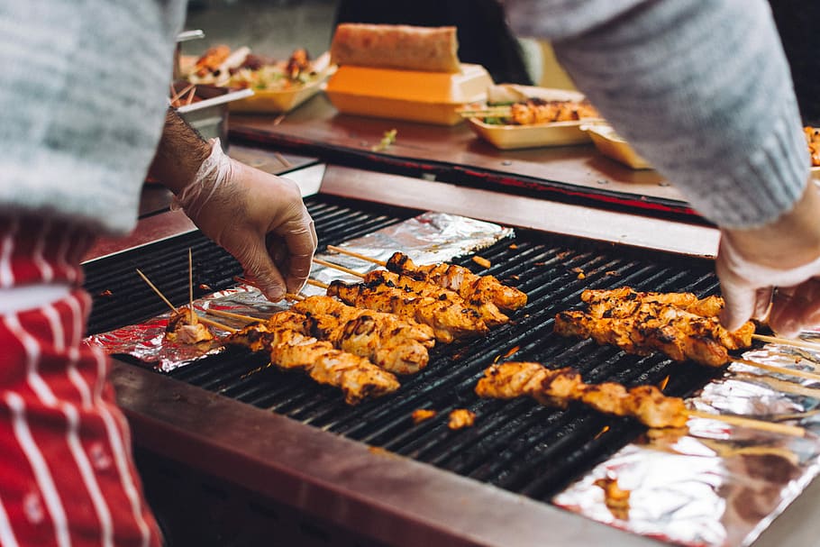 Grilling chicken skewers, cooking, hands, meat, food, gourmet HD wallpaper
