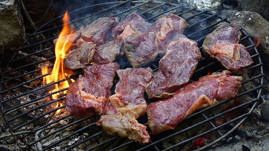 grilled meat on burner, barbecue, steak, raw, bbq, meal, beef HD wallpaper