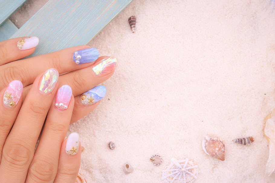 person's pink and blue nail arts, women, beauty, fingernail, manicure