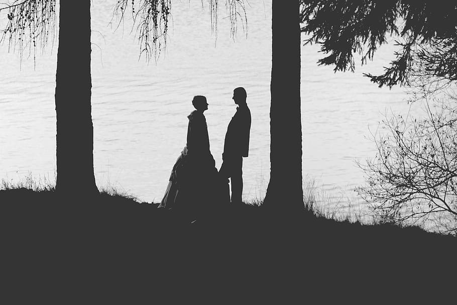 lake, mountains, nature, silhouette, two people, real people HD wallpaper