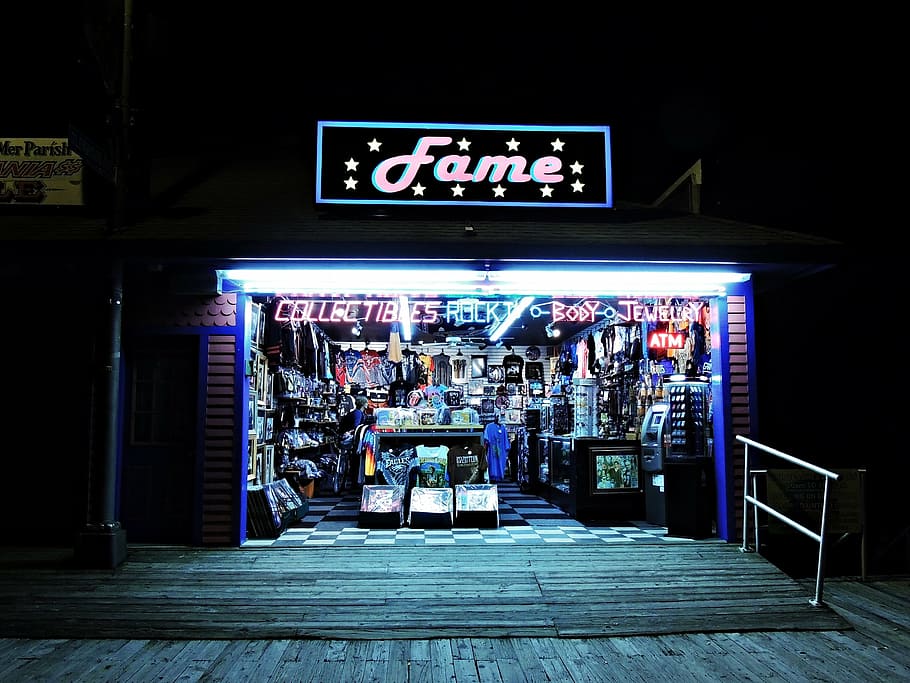 shop, store, night, building, boad walk, sign, communication HD wallpaper