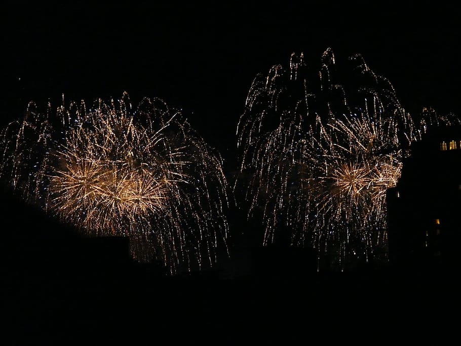 Fireworks, Explode, Night, Rocket, golden, yellow, city, silhouette HD wallpaper